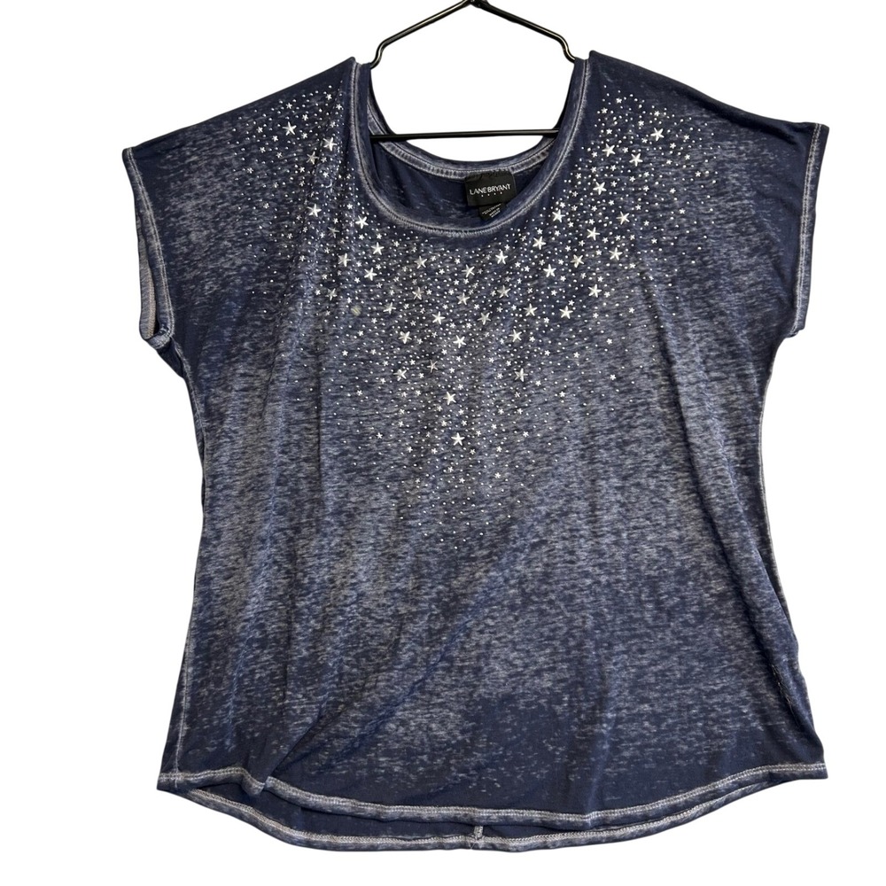 Lane Bryant Women's Top 14/16 Plus Blue Burnout Star Studded Graphic Tee